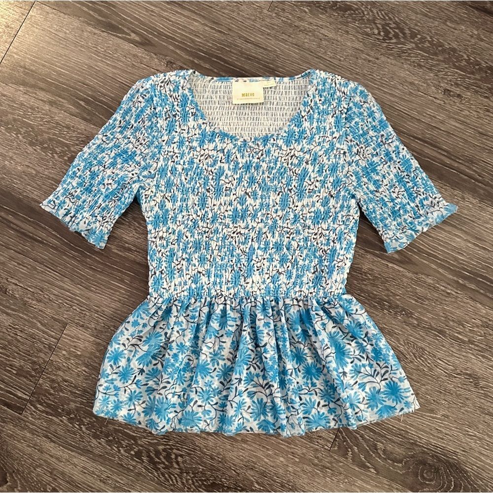Anthropologie Maeve Ashton Smocked Peplum Top Blue Floral